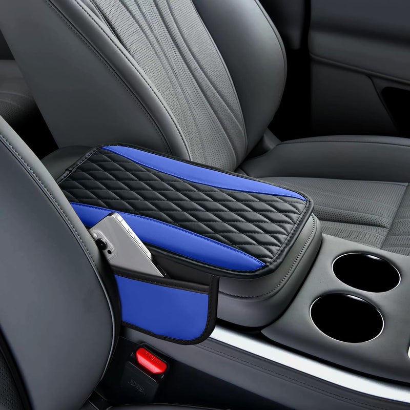 Tioollev Patchwork Leather Car Center Console Cover,Microfiber Leather Vehicle Armrest Protector Cushion with 2 Storage Bags,Universal Cars Armrest Cushion for SUV, Sedan, Truck (Blue) - Image 5